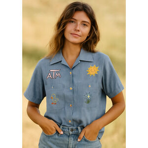 Vintage 70s Big Mac Chambray Work Shirt Texas A&M Embroidered Hippie Sun college
